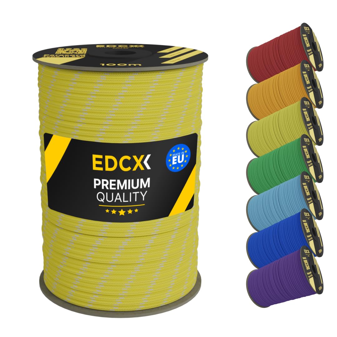 EDCX 4mm Nylon Paracord 550 100m (330 feet) | Ideal for Camping, Survival, Outdoor, Crafting, DIY | 100% Nylon Rope 4mm | Paracord 550 Type III in Solid Color (Reflective Yellow, 100 m)