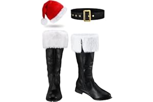 Baggyfly Santa Claus Boots Men Black Santa Boots with Hat Belt Santa Costume Boots with White Fur for Adult Santa Cosplay