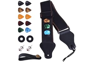 Guitar Straps with Pick Holder, Adjustable Length, Anti Slip Cotton Strap with Leather Ends, Universal Ukulele Guitar Shoulde