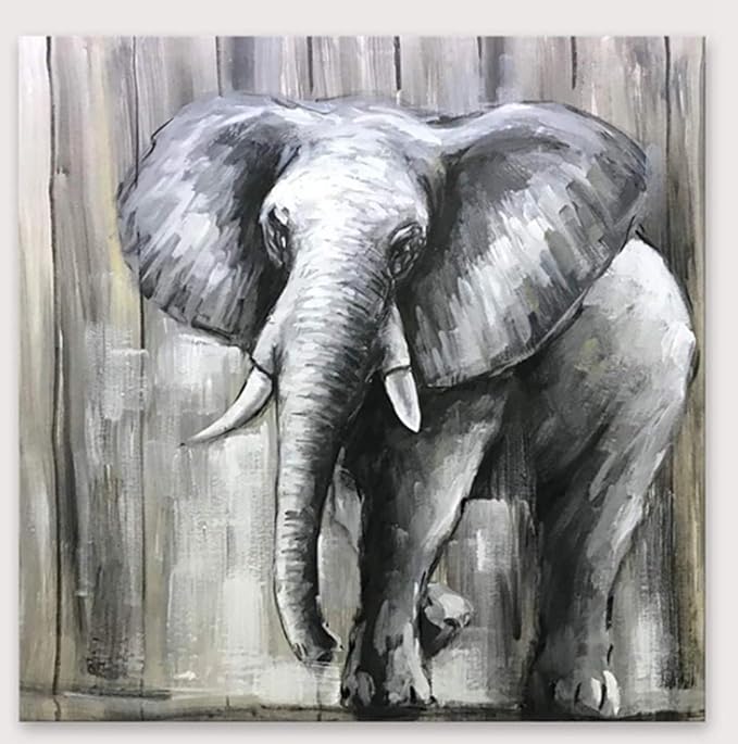 FEELHH Pintura Al Óleo Pintada A Mano,Negro Y Blanco Elefante Arte