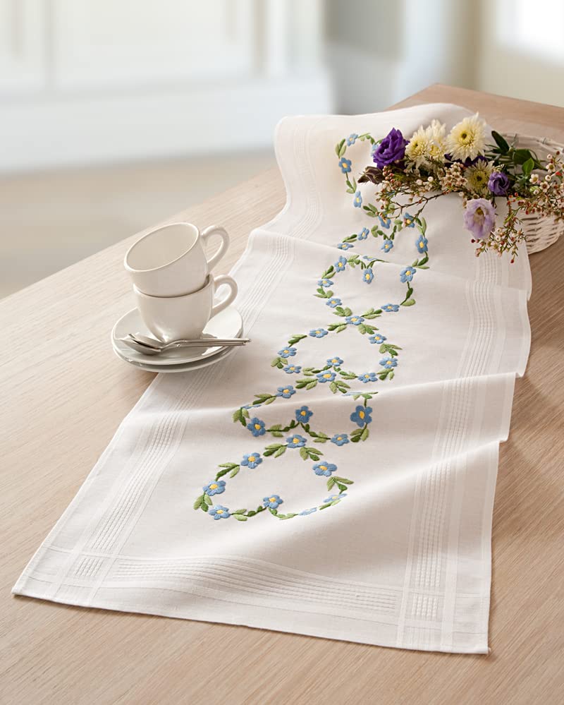 DECO-LINE Blue Flower Heart 40X100CM Printed Table Runner Embroidery KIT, White