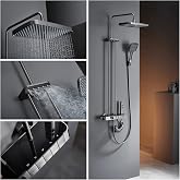 Thermostatic Shower System,Digital Display Shower Faucet Set Piano Keys | 5-Function Rain Shower Combo Set Wall Mount with Handheld,12" Shower Head, Shoulder Spray,2 in 1 Bidet Spray,Tub Spout (Gray)