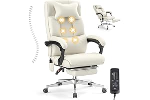 MEISSALIVVE 6-Point Massage Office Chair, 500lbs PU Executive Office Chair, Ergonomic Reclining Office Chair with Footrest, Computer Chair with Adjustable Headrest(White)