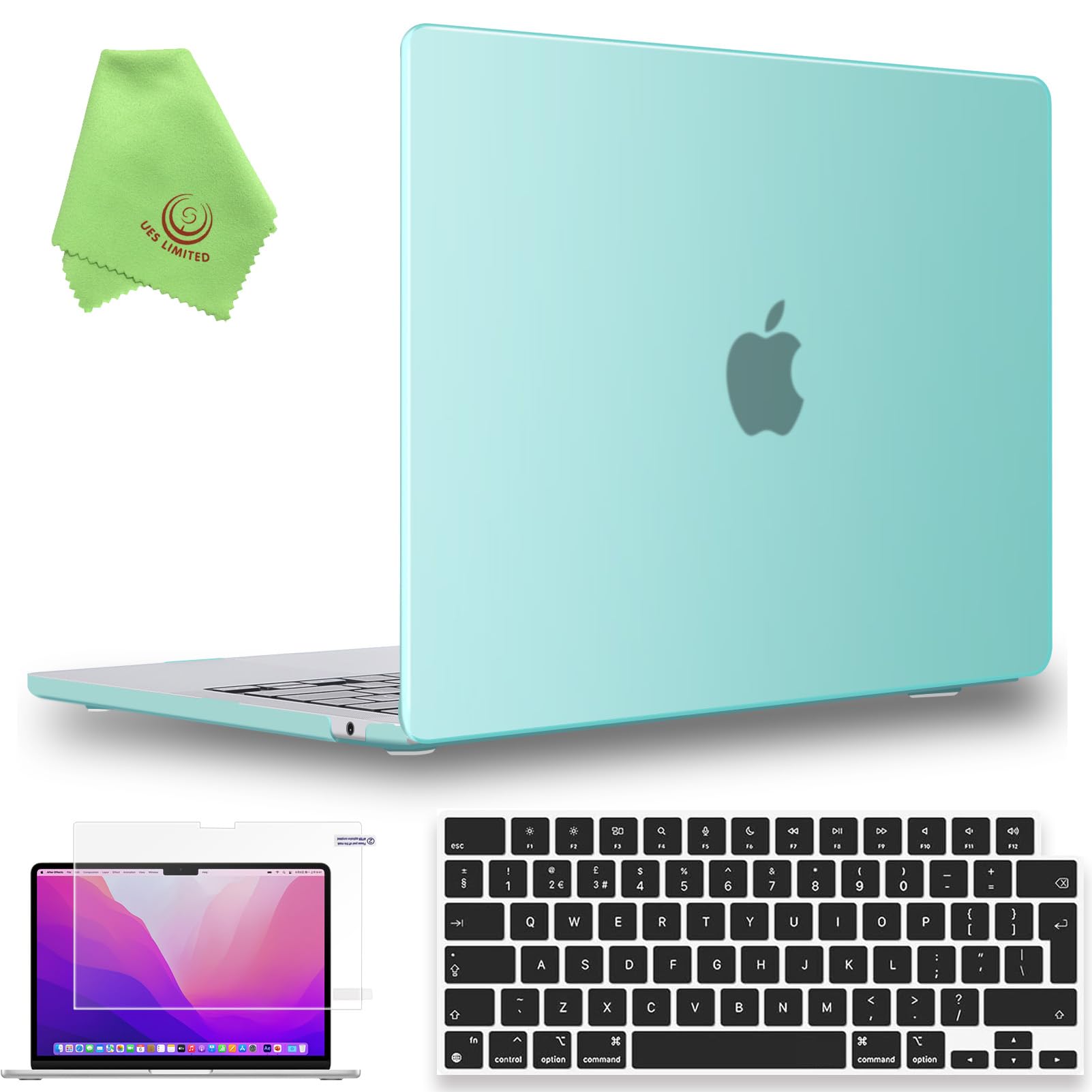 UESWILL 4in1 for MacBook Air (15 inch, M2 M3 M4 M5, 2023 2024 2025 2026) Model A3448 A3241 A3114 A2941, Matte Hard Shell Case + Keyboard Cover + Screen Protector + Microfiber Cloth, Green