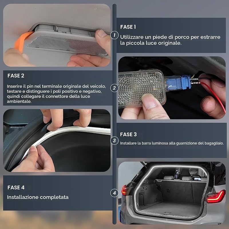 Striscia di luce del bagagliaio per auto, 4m Striscia Luminosa per Bagagliaio tagliabile flessibile,led bagagliaios auto,striscias LED per autos Trunk con Sensore Automatico,per autos,SUV,bianco