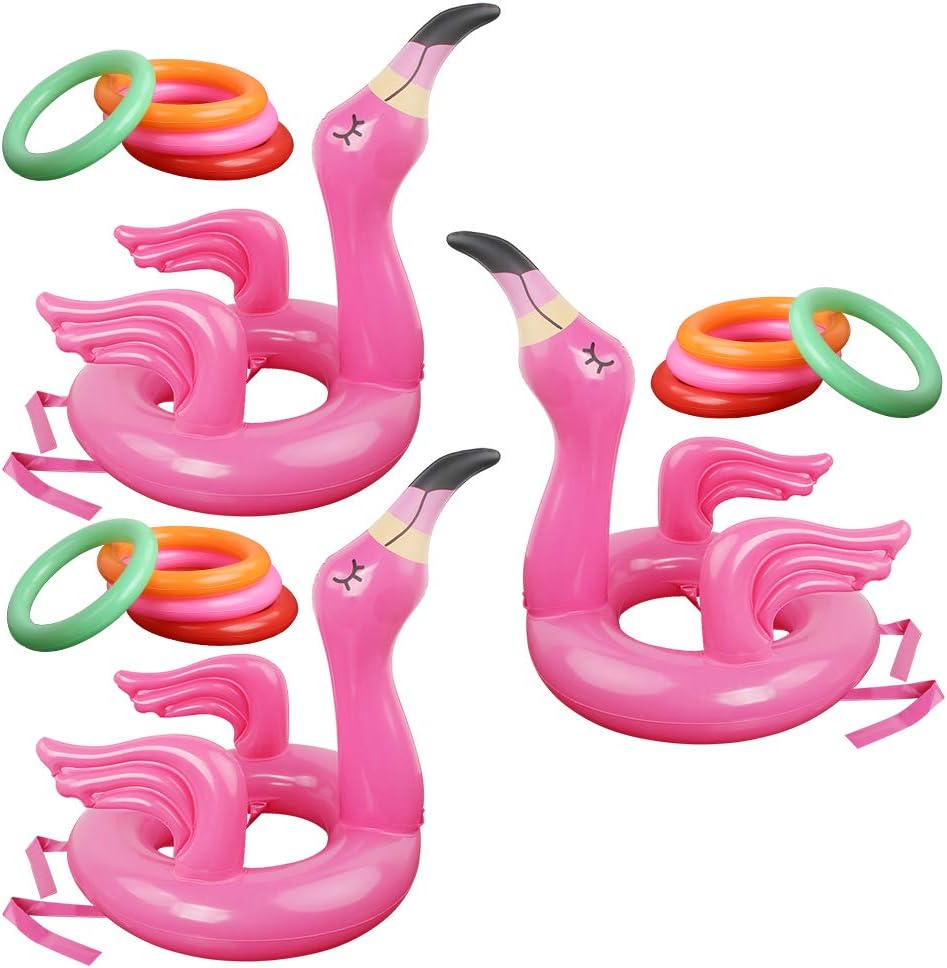 Aniann 15 Pack Inflatable Flamingo Ring Toss Game Flamingo Head Target Toss Pool Beach Party Games Luau Decorations for Kids Adult Family Party Game Pool Party Fun (3 Flamingo and 12 Rings)