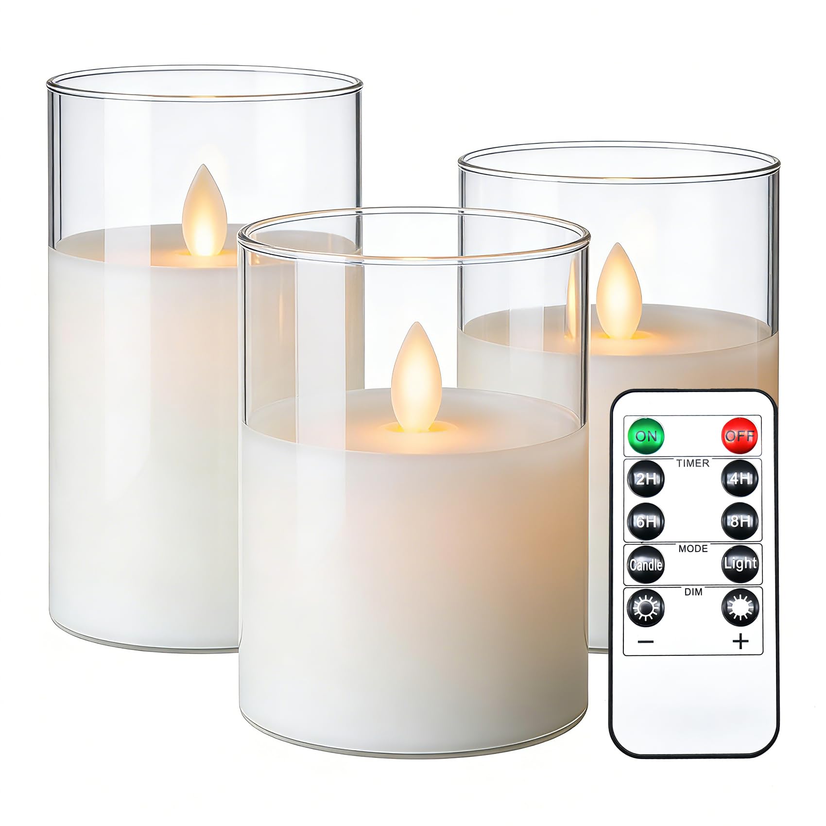 Da by Flameless Candles with Glass Effect H 10/12.5/15 cm Set of 3 Drip-Less Real Wax Pillars Include Realistic Dancing LED Flames and 10-Key Remote Control with 24-Hour Timer Function