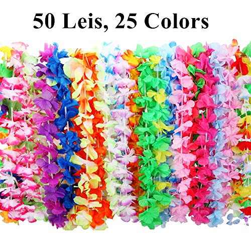 Hawaiian Leis FunToy 50 Counts Tropical Hawaiian Luau Flower Leis for Adults and Kids Party Favors (Soft Fabric) - Thumbnail 2