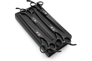 Moontay Professional 8.0" Dog Grooming Scissors Set, 4-pieces Straight, Upward Curved, Downward Curved, Thinning/Blending Shears for Dog, Cat and Pets, JP Stainless Steel, Black