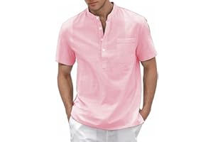 YSERB Men's Cotton Linen Henley Shirt Band Collar Short Sleeve Shirt Beach Hippie T Shirts Casual Shirts Fashion Summer