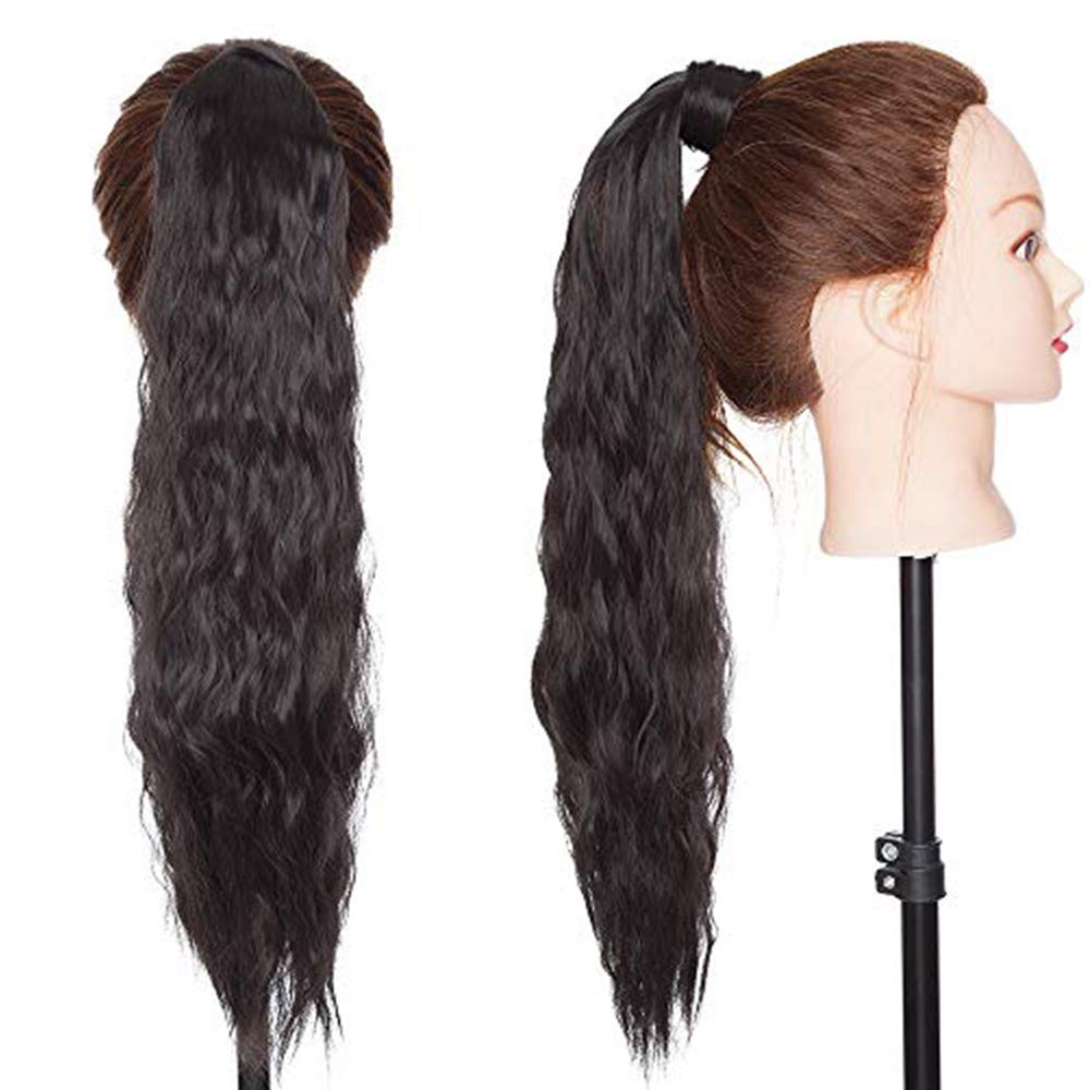 SEGO Dark Black One Piece Wrap Around Ponytail Hair Extension Synthetic Magic Yaki Ponytail Corn Wave Ponytail Extension, 20 Inch