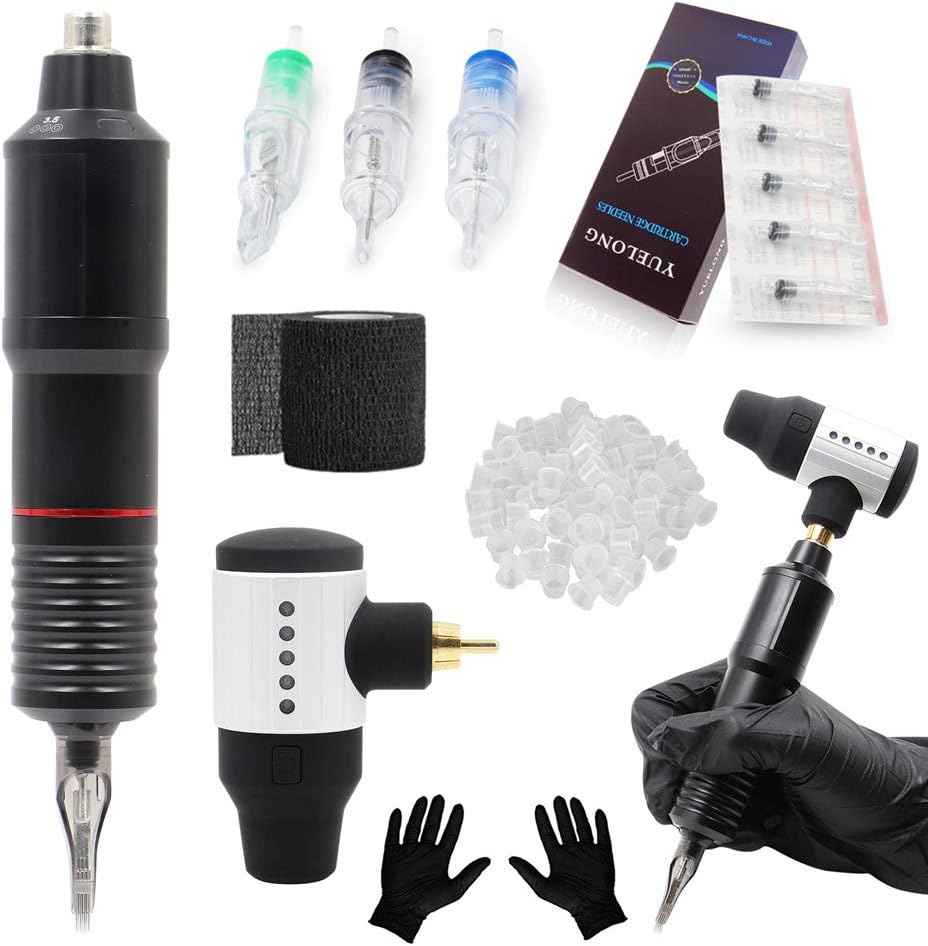Tattoo Machine Pen Kit - Yuelong Rotary Tattoo Machine Pen with Wireless Tattoo Power Supply Tattoo Needles Cartridge Black Tattoo Grip Tape Wrap for Tattoo Kits Tattoo Supplies