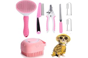 Qubccum 7 Pcs Cat Dog Brush Grooming Kits, Self-Cleaning Slicker Brush, Pet Nail Clipper and File, Flea Comb, Pet Shampoo Bath Brush, Pet Finger Toothbrush, Storage Bag (Pink)