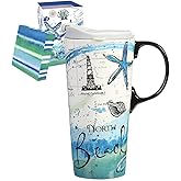 Topadorn Ceramic Mug Porcelain Latte Tea Cup Coffee Mug with Lid and Gift Box, 17oz. North Beach
