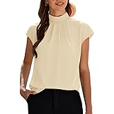 Funlingo Womens Summer Tops Mock Neck Short Cap Sleeve Blouses Business Casual Work Chiffon Shirts Front Pleated Tunic Top