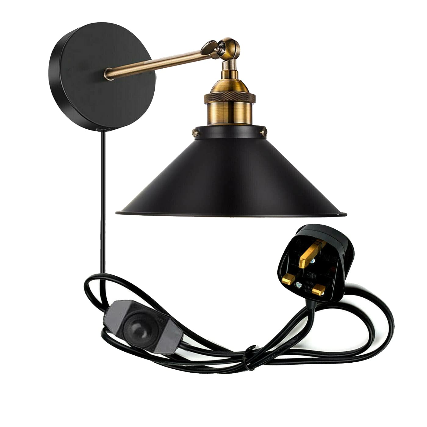 LEDSone Vintage Industrial Wall Sconce with Adjustable Arm Plug-in Cord and Metal Shade – Black and Brass Wall Lamp for Bedroom Plug in wall Light– Easy Installation E27 Bulb Compatible (Black)