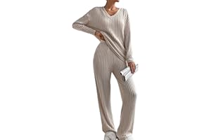 SHEWIN Women's Pajama Sets Long Sleeve Short Sleeve 2 Piece Lounge Sets Ribbed Knit Sweater Sleepwear
