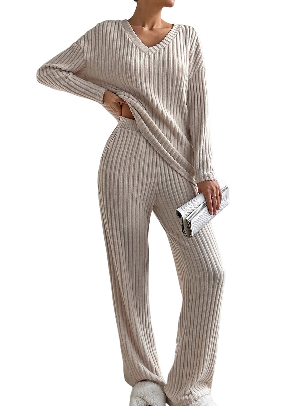 Photo 1 of SHEWIN Pajamas for women Long Sleeve Sweater 2 Piece Sets Fall Fasion 2025 Casual Ribbed Knit Lounge Set Khaki M