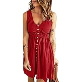 BLENCOT Women's Summer Sleeveless T Shirt Dress V Neck Button Front Midi Dress Bright Red M