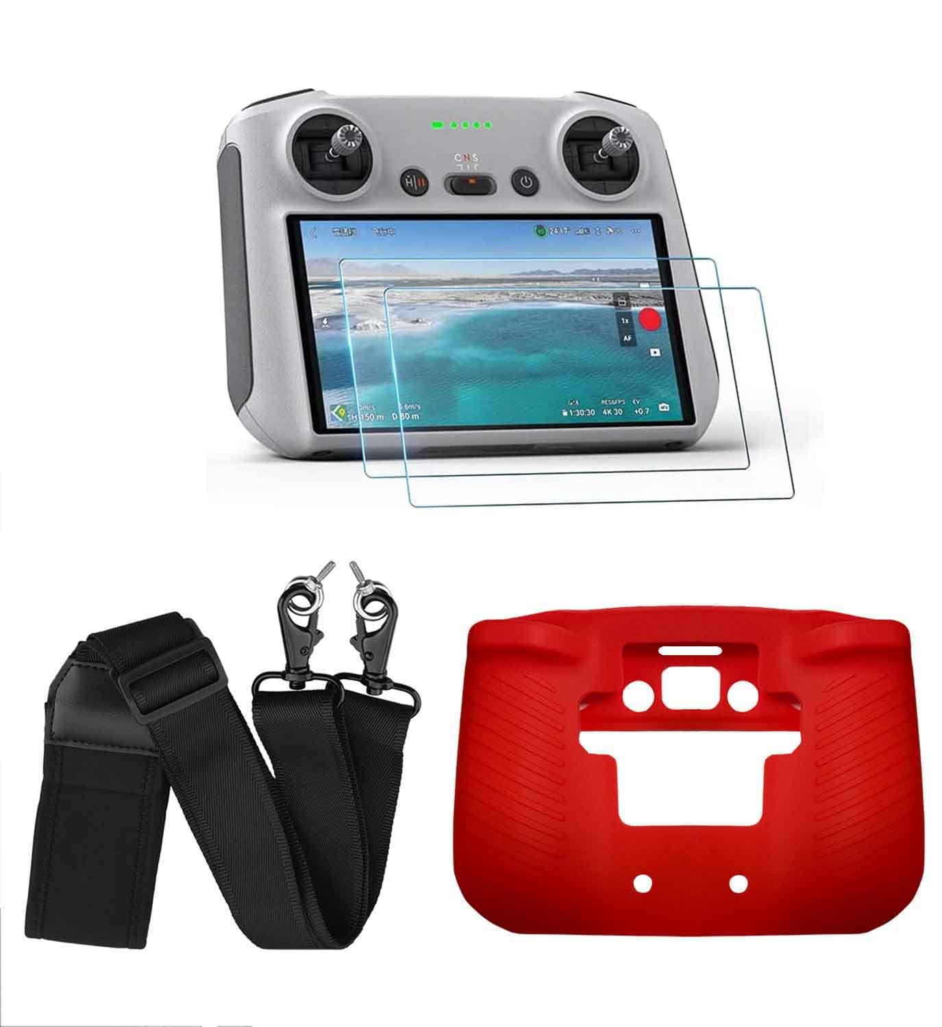 APASILU Mini 3 Pro RC Control Silicone Protection Cover + Tempered Glass Screen Protector Film (2pcs) + Lanyard Nylon Braided Neck Strap For DJI Mini 3 Pro RC Remote Controller Accessories (Red)