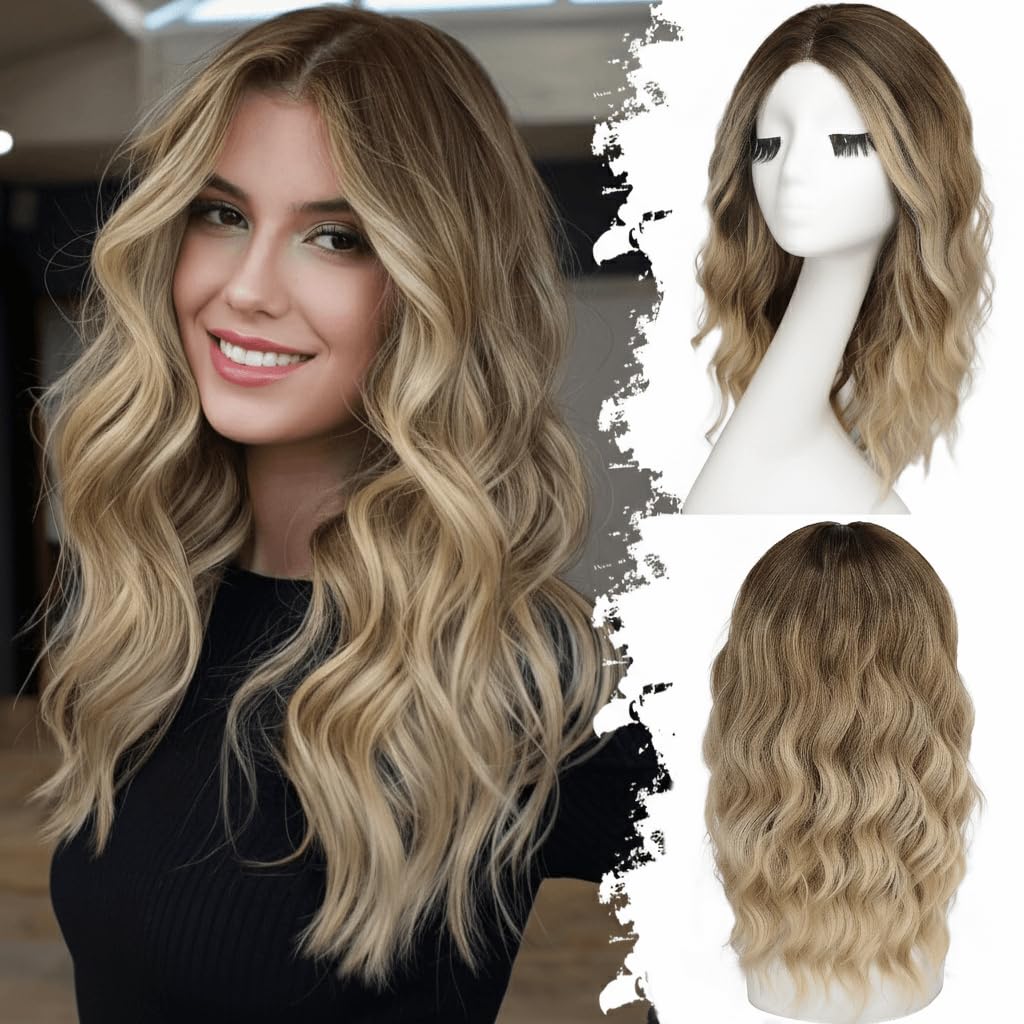 Photo 1 of Eawwii Brown to Blonde Long Wavy Wig for Women, Pre-Cut HD Lace Natural Hairline, Glueless Middle Part, Synthetic Fiber for Daily and Party Use 18Inch