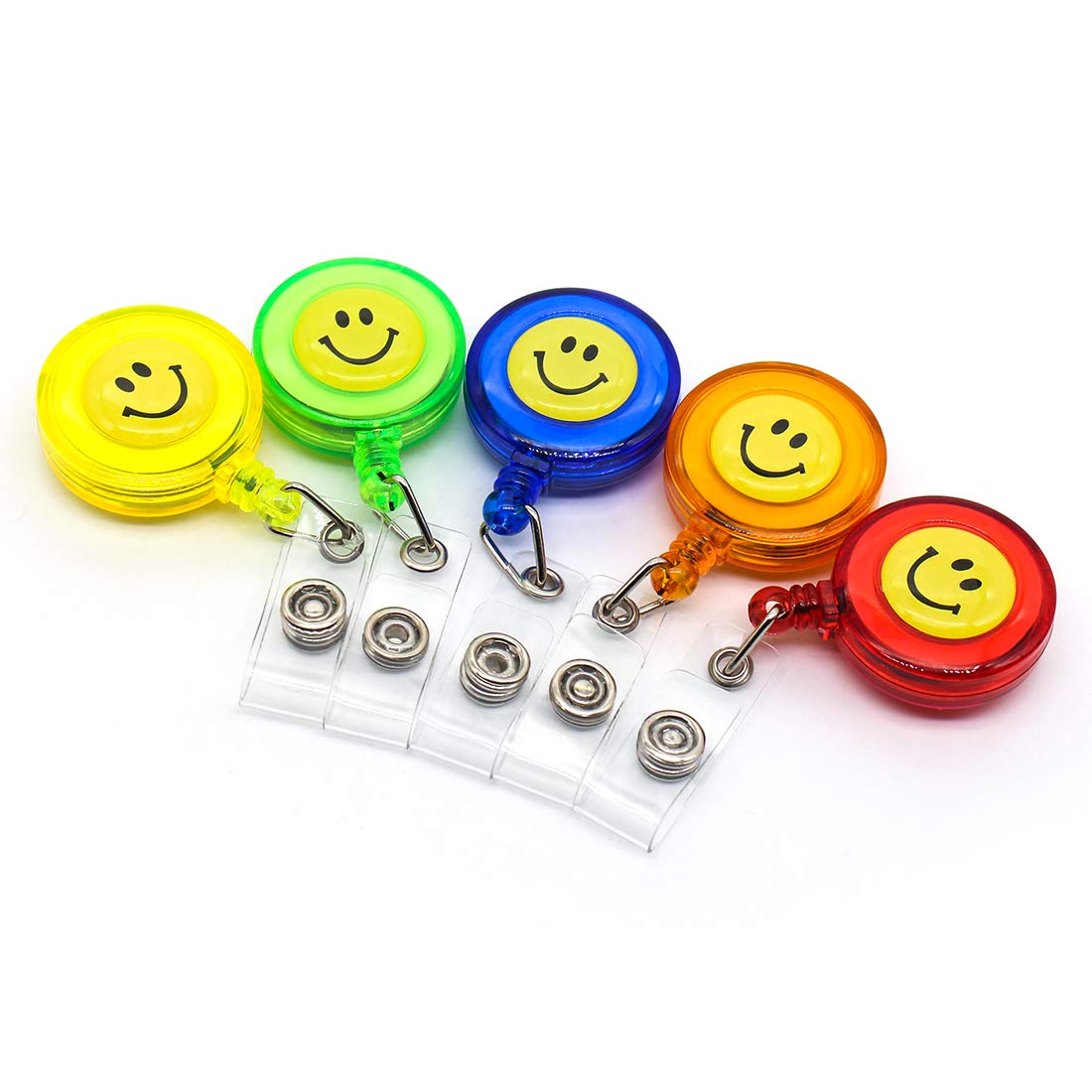 Pack of 5 Retractable Badge Holder ID Badge Metal Reel Clip On Card Holders, Smile Face Assorted Colors, 28" Thick Pull Cord(5 Colors)