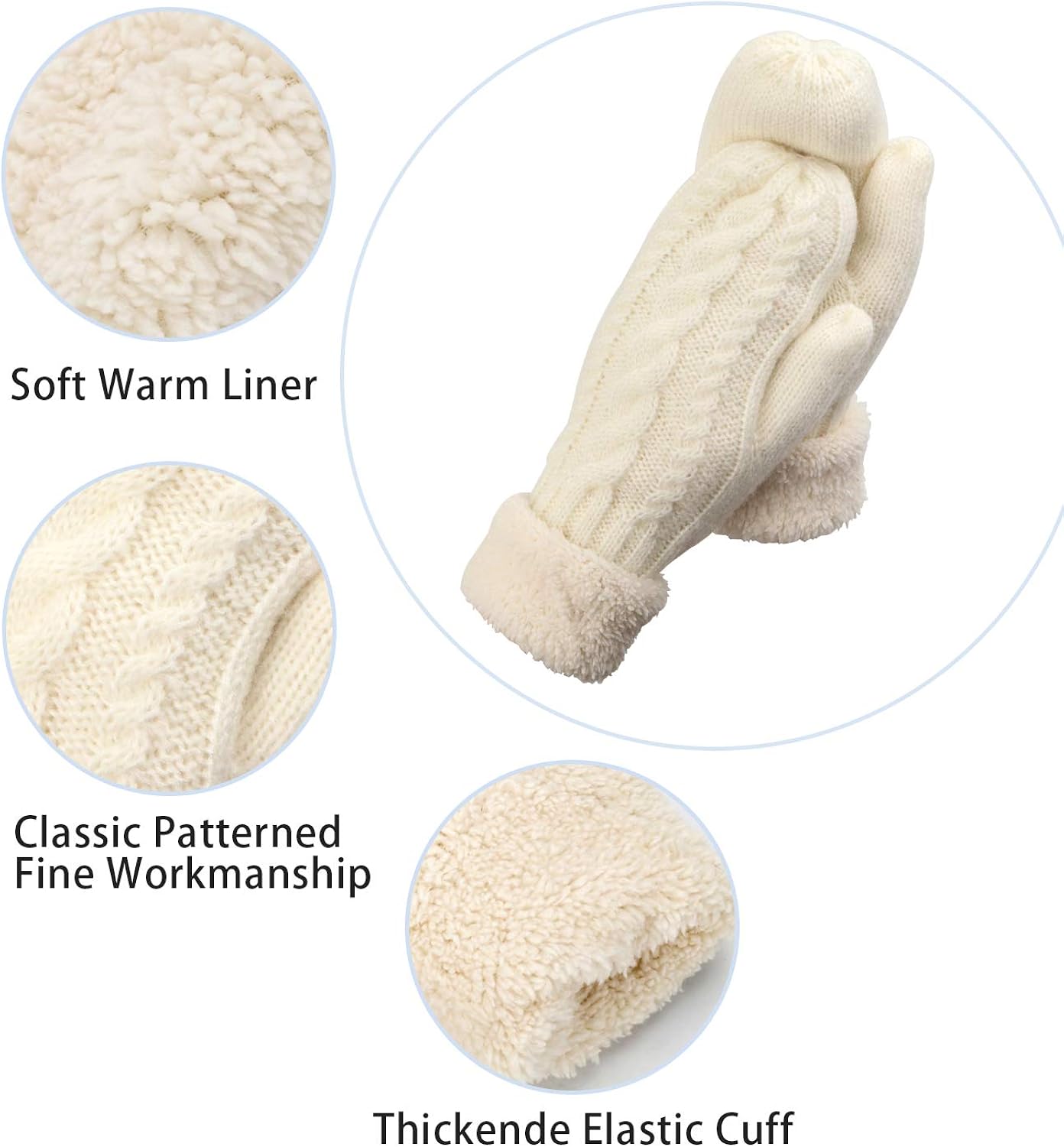 3 Pairs Winter Wool Mitten Gloves For Women,Wool Knit Thick Gloves With Thick Fleece Lining Gift: Clothing
