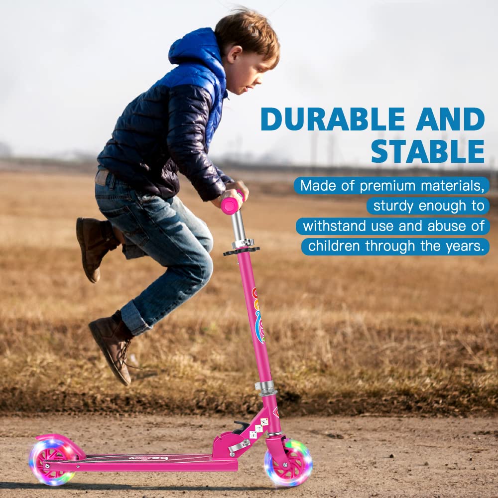 BELEEV V1 Scooters for Kids, 2 Wheel Folding Kick Scooter for Girls Boys, 3 Adjustable Height, Light Up Wheels, Lightweight Scooter with Sturdy Frame, Kickstand for Children 3 to 12 Years Old