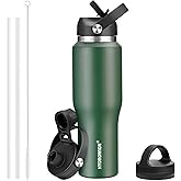 40 oz Insulated Water Bottle with Straw fit in Car Cup Holder(Cold 48 hrs, Hot 24 hrs) Drinking Bottle with Straw Lid, Spout Lid and Flex Cap Leakproof Travel Thermo Mug，Olive