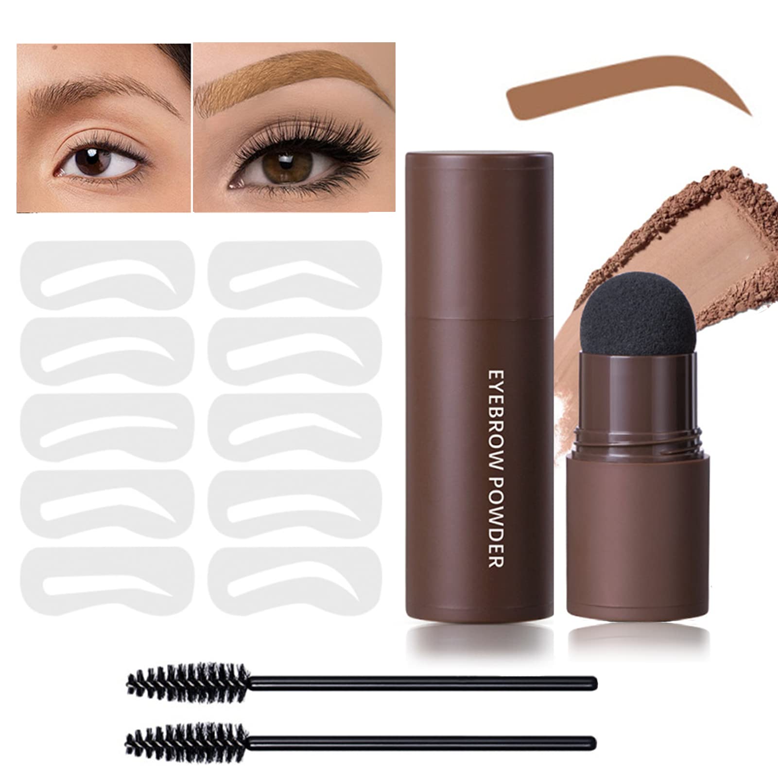 Fashion Base Eyebrow Stencil Kit - Eyebrow Stamp Stencil Kit - 3 in 1 Hairline Shadow Powder with 10 Styles Reusable Eyebrow Stencils, 2 Eyebrow Pen Brushes (Light Brown), 38 g (Pack of 1)