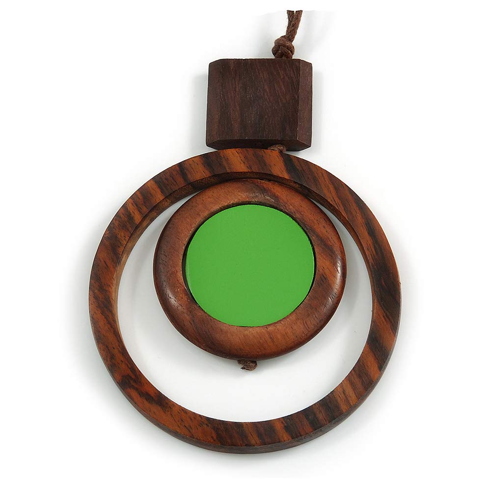 Avalaya Brown/Grass Green Double Circle Wooden Pendant Brown Cotton Cord Long Necklace - 80cm L/ 10cm Pendant - Adjustable