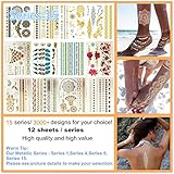 12 Premium Sheets - Metallic Flash Temporary Tattoos - Gold and Silver Bling Temporary Waterproof Tatoo,botanical Temporary Tattoo Custom Temporary Tattoos for Kids (1 Pack, Series 15)