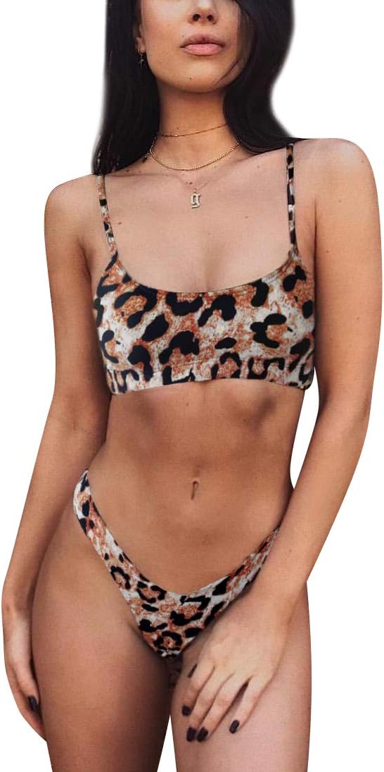 Women's Sexy Leopard Print Two-Piece Triangle Cheeky Bottom Push Up Bikini Set Micro Thong