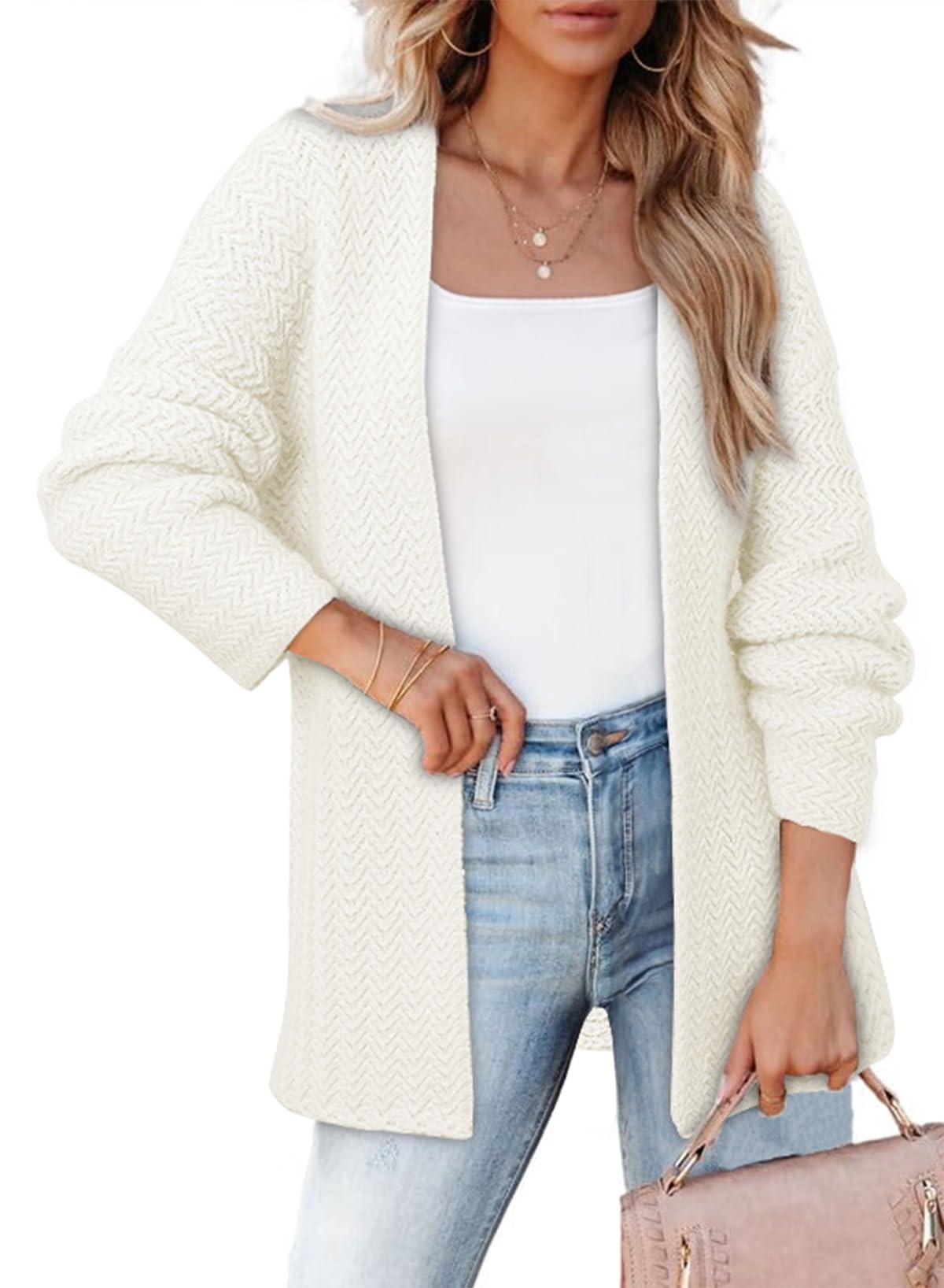 Photo 1 of SHEWIN Womens Long Sleeve Open Front Kimono CardiganKnit Sweater Lightweight Outwear White Medium