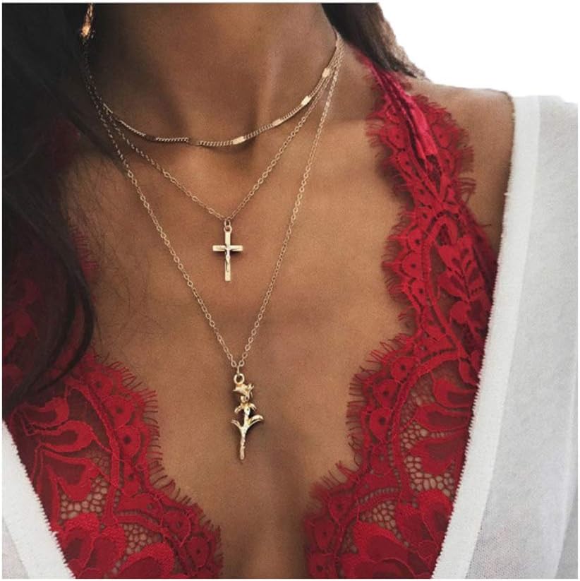 Edary Lovely Floral Layered Necklace Cross Gold Pendant Necklaces Chain Jewelry for Women and Girls