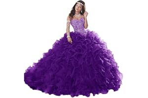 WANSHAQIN Women's Heavy Beaded Sweetheart Ball Gowns Dresses Organza Ruffles Quinceanera Dresses for Sweet 16