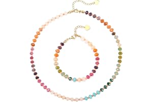 DHQH Beaded Gemstone Necklace Set for Women, Colorful Boho Bead Choker Necklace Natural Stone Beach Necklace 14K Gold Plated Summer Handmade Jewelry