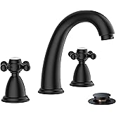 FORIOUS Bathroom Sink Faucet 8 Inch, Matte Black Bathroom Faucet 3 Hole with Pop Up Drain and Water Hose Supply, 2 Crosse Handle Design,for Vanity RV Farmhouse Sink
