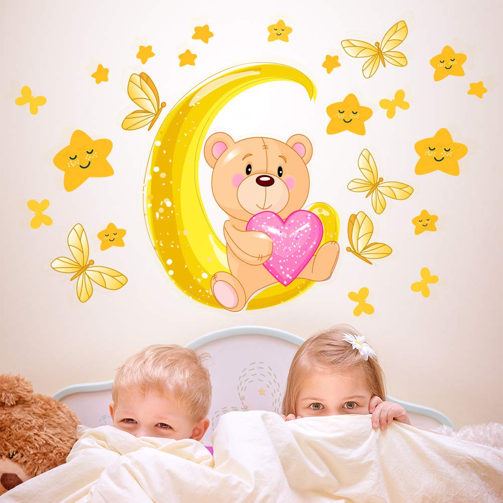 R00390 Wall Stickers Teddy Bear Moon Stars Mural Decoration Child Bedroom Nursery Nest Bedroom