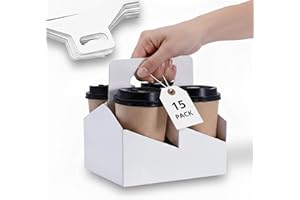 Brillantreal Kraft Paperboard 4-Cup Drink Carrier with Handle, 12-30 oz Coffee Cup Holder, Takeout Beverage Delivery, 15-Pack