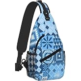 YEXYO Boho Blue Geometric Sling Backpack for Women Men, Aesthetic Patchwork Floral Crossbody Chest Bag with Water Bottle Holder, Waterproof Shoulder Daypack for Vacation Travel Hiking