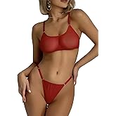 Women's Sexy Spaghetti Strap Lingerie Set Sheer Mesh 2 Piece Bra and Panty