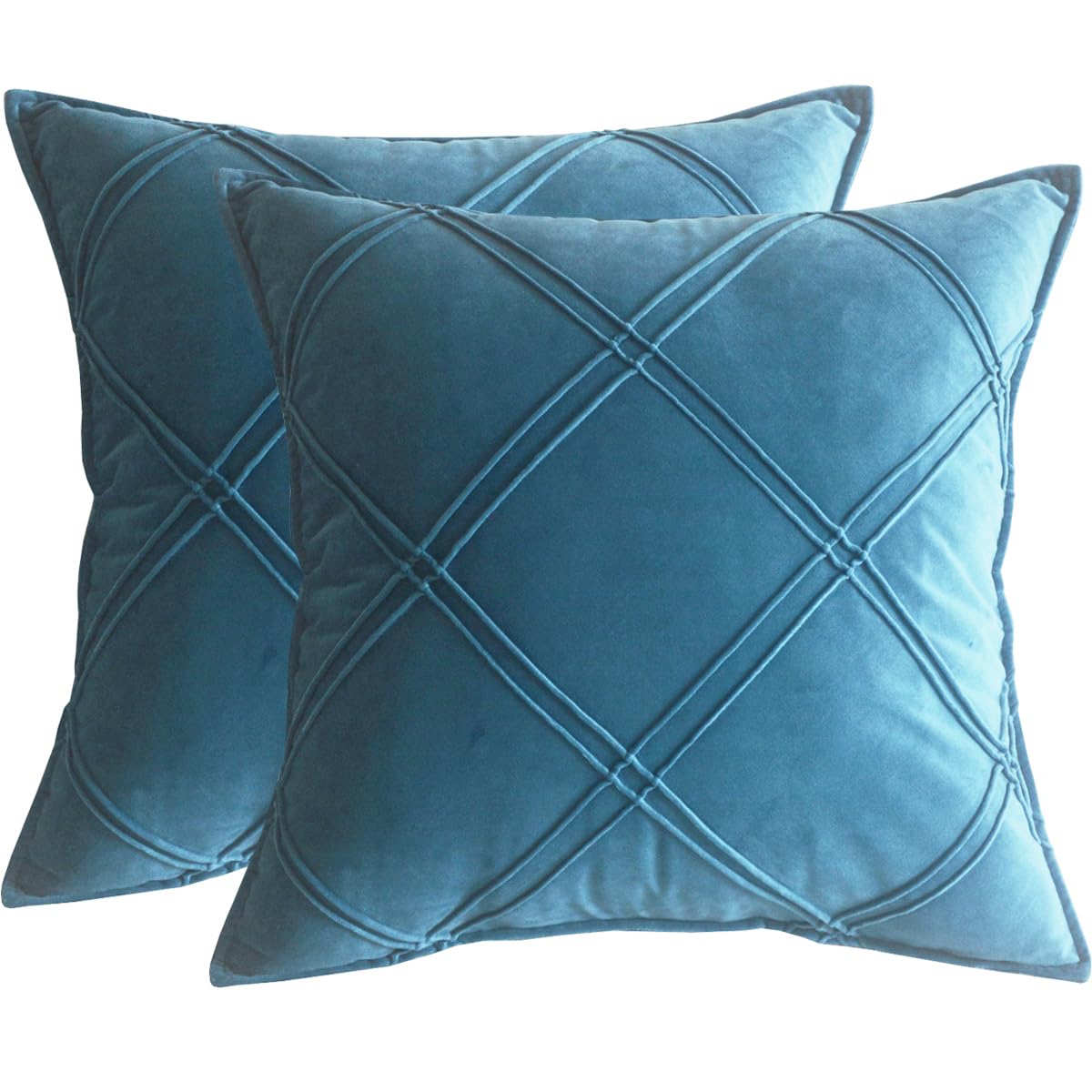 Lutanky Blue Velvet Cushion Covers Decorative Square Throw Pillow Covers Checked Design Elegant Pillowcases for Sofa Bed Living Room 18x18inch 45x45cm Set of 2