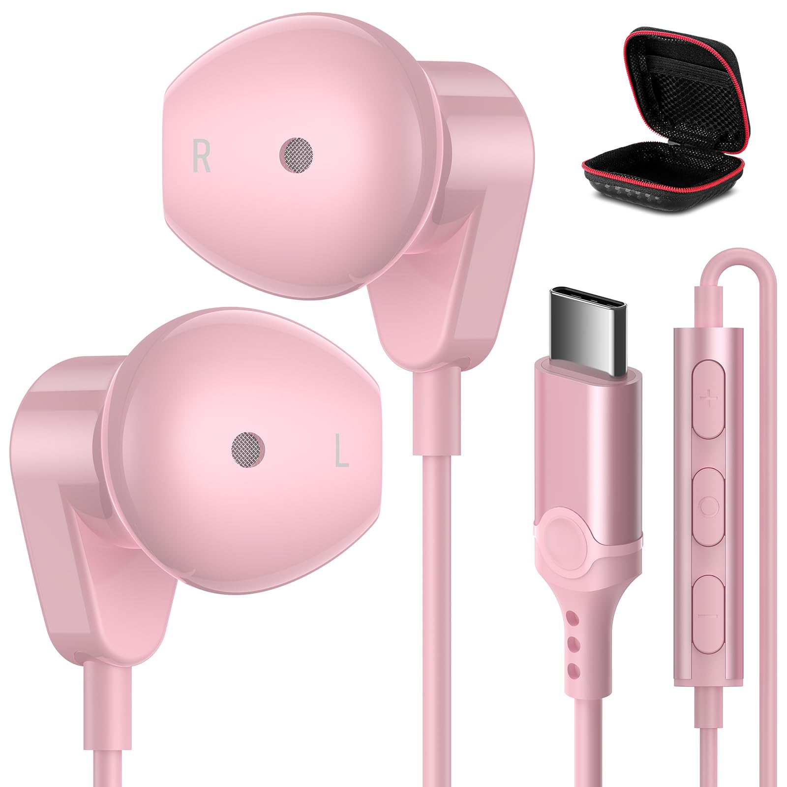 Photo 1 of APETOO USB C Headphones for iPhone 15 Plus 16 17 Pro Max iPad Pro USB-C Wired Earbuds with Microphone Volume Control HiFi Stereo Type C Earphones for Galaxy S25/S24/S23/S22 Ultra, Pixel 9 8 7 6, Pink