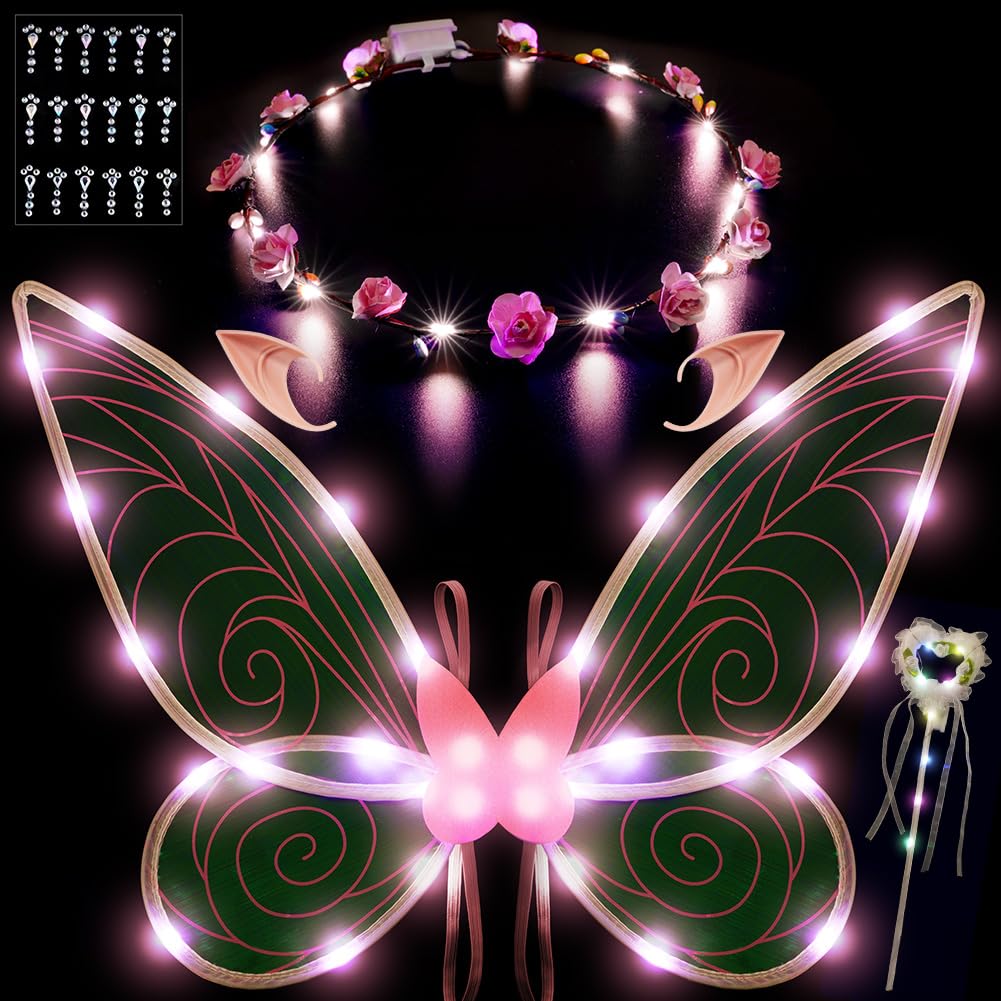 AOOWU Light up Fairy Wings, Kids Butterfly Wings Cape Fairy Angel Princess Costume Fairies Wing Set With Wands Crown Ears Flower Headband Diamond Sticker for Halloween Birthday Chrismas (D)
