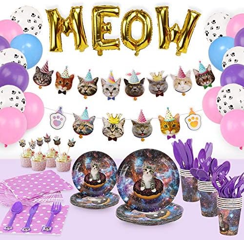 Amazon Com 168 Pcs Cat Party Supplies Plates Cutlery Balloons Birthday Decorations Set Kitten Party Disposable Dinnerware Plates Napkins Cups Cutlery Cat Birthday Banner Cupcake Toppers Balloons Pet Paw Kids Bday Decor Serves