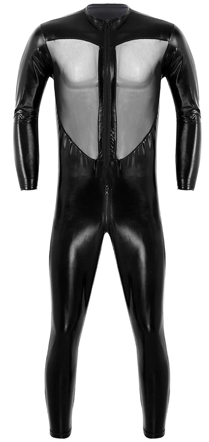 iiniim Men's OnePiece Faux Leather Mesh Wrestling Singlet Leotard Bodysuit Jumpsuit Clubwear