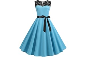 LAWOR Ladies Sleeveless Cocktail Dress Lace Patchwork Bodice Dress Retro Rockabilly Dress with Belt Solid Formal Ball Gowns