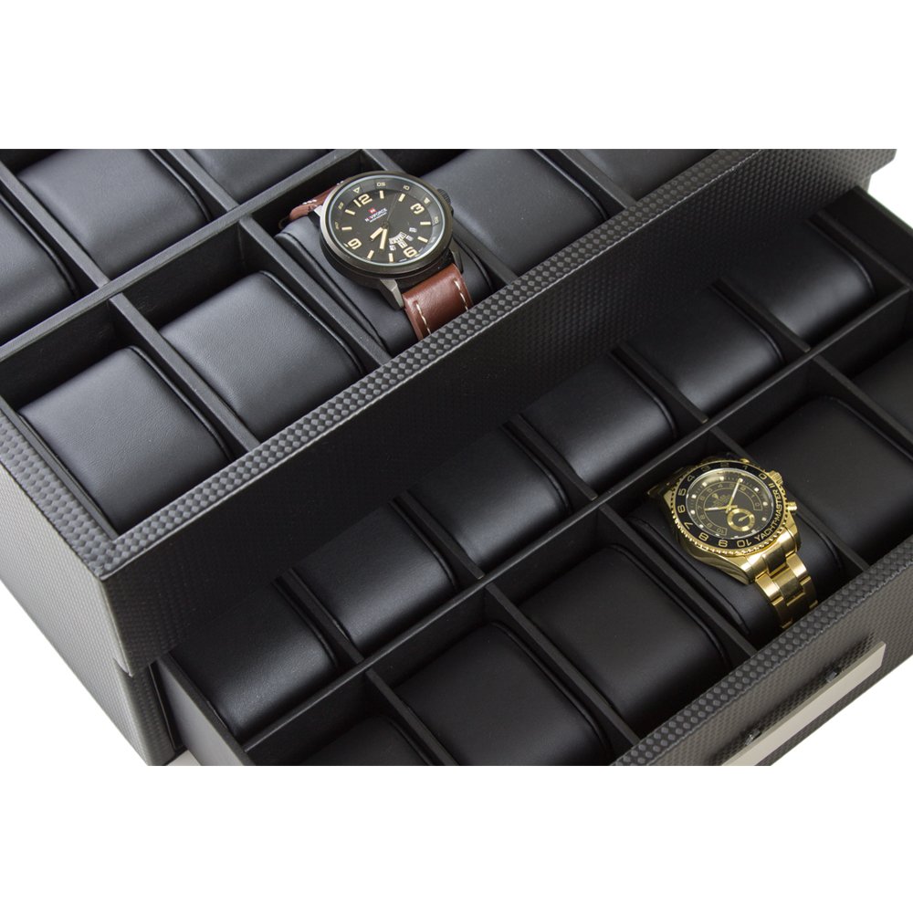 Glenor Co Watch Box for Men - 24 Slot Luxury Display Case Organizer, Carbon Fiber Design -Metal Buckle for Mens Jewelry Watches, Men's Storage Holder w Large Glass Top, Drawer & Leather Pillows- Black