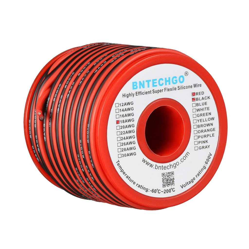 BNTECHGO 18 Gauge Flexible 2 Conductor Parallel Silicone Wire Spool Red Black High Resistant 200 deg C 600V for Single Color LED Strip Extension Cable Cord,model,50ft Stranded Tinned Copper Wire